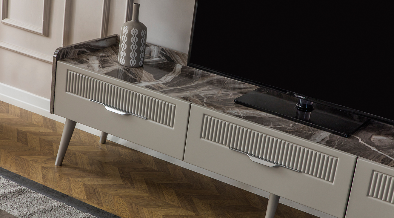 Tesla Mermer Desenli Ahşap Ayaklı Tv Ünitesi TV Ünitesi