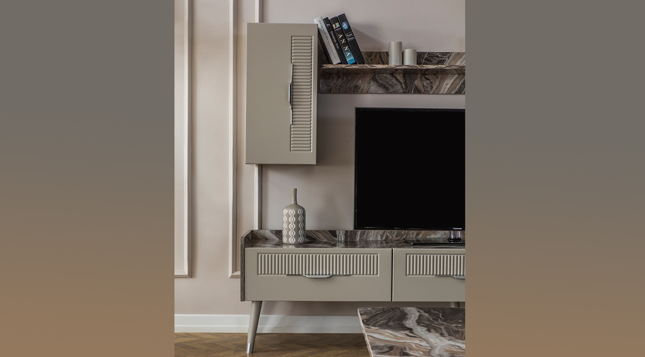 Tesla Mermer Desenli Ahşap Ayaklı Tv Ünitesi TV Ünitesi