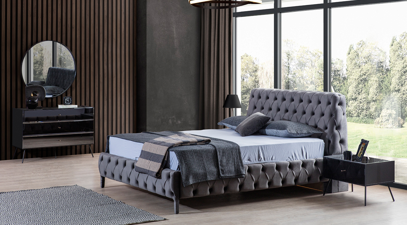 Bronze Antrasit Köşe Dolaplı Yatak Odası Takımı Giyinme Odası