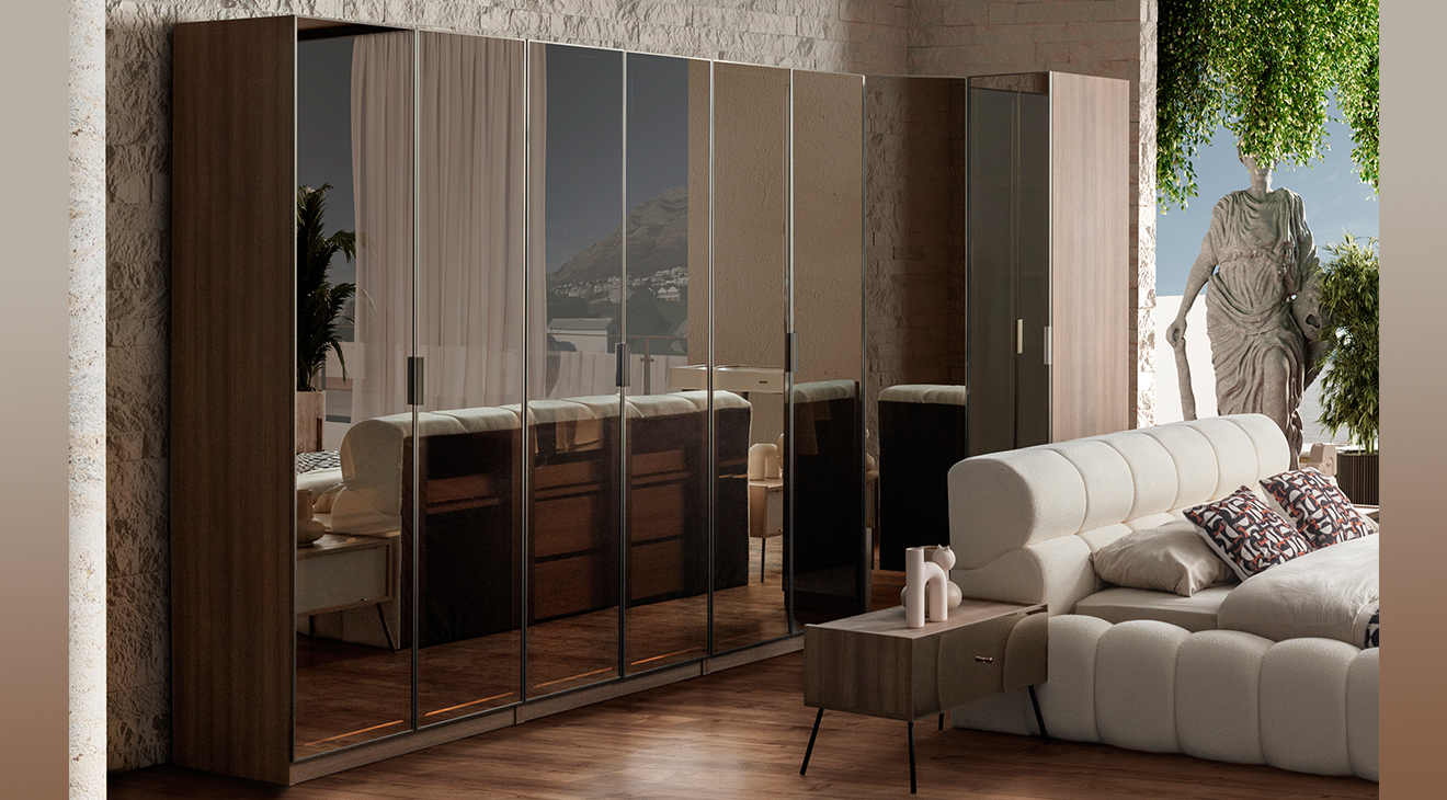 Bronze Ceviz Köşe Dolaplı Yatak Odası Takımı Köşe Dolap