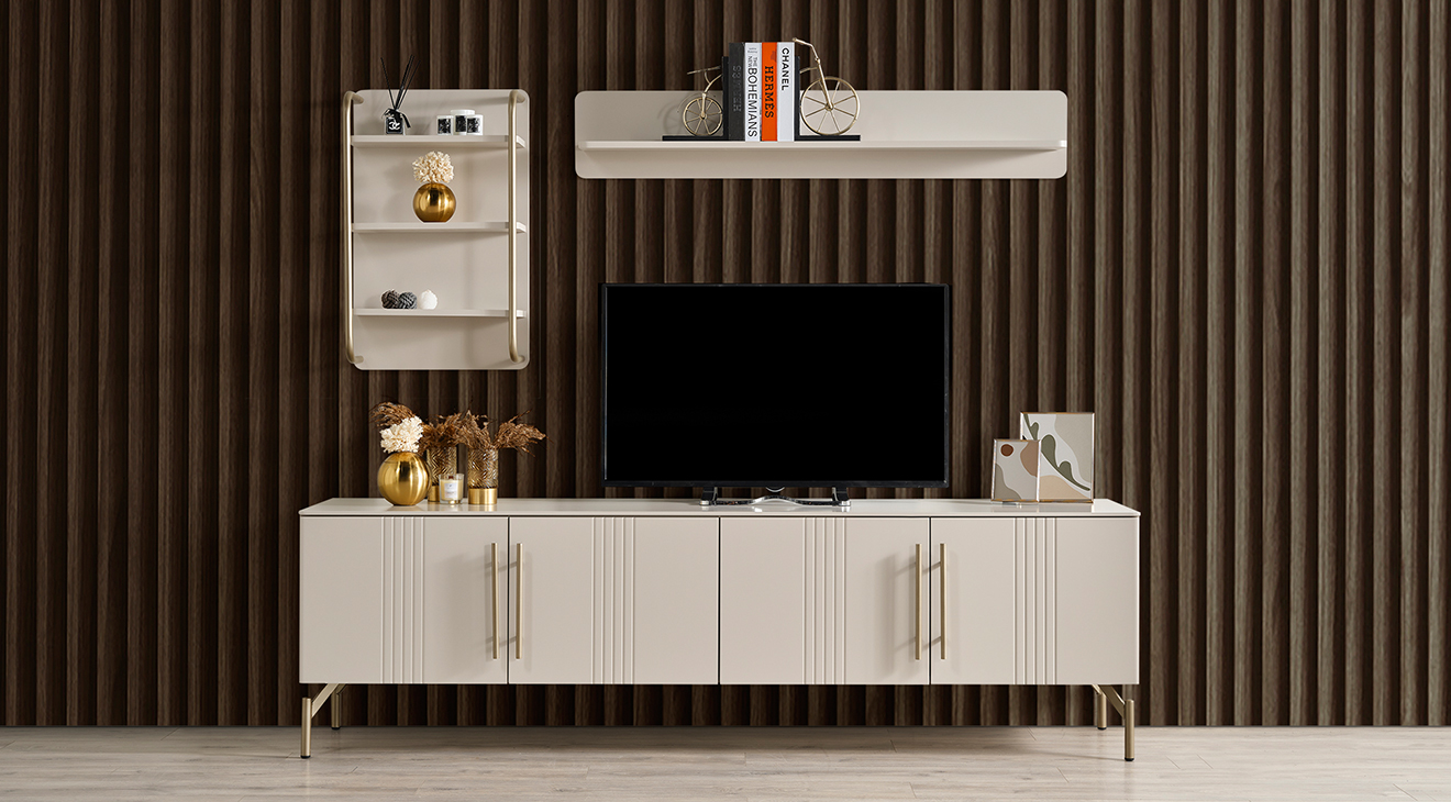 Eva Gold Metal Ayaklı Kitaplıklı Tv Ünitesi TV Ünitesi