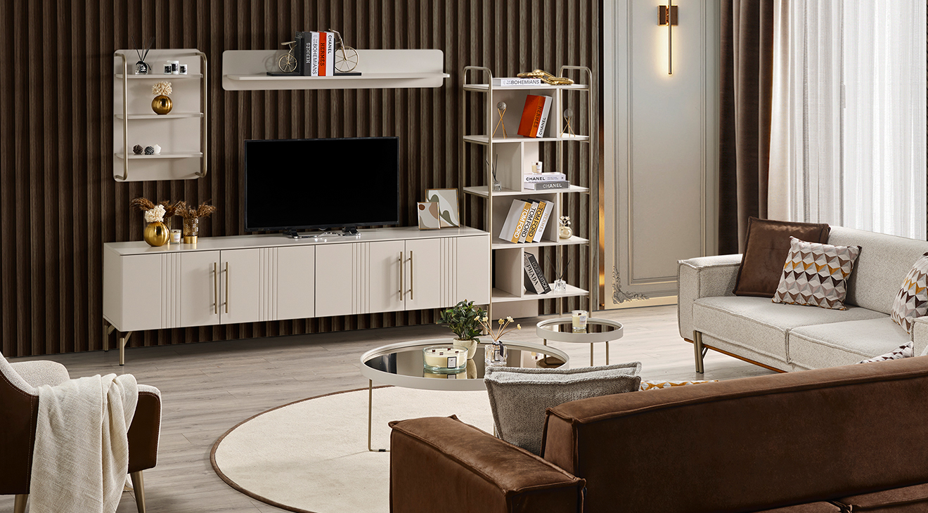 Eva Gold Metal Ayaklı Kitaplıklı Tv Ünitesi TV Ünitesi