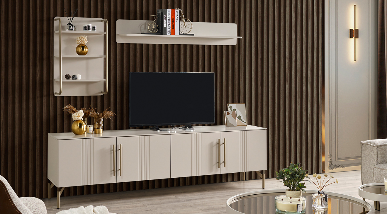 Eva Gold Metal Ayaklı Kitaplıklı Tv Ünitesi TV Ünitesi