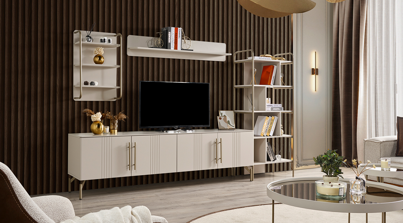 Eva Gold Metal Ayaklı Kitaplıklı Tv Ünitesi TV Ünitesi