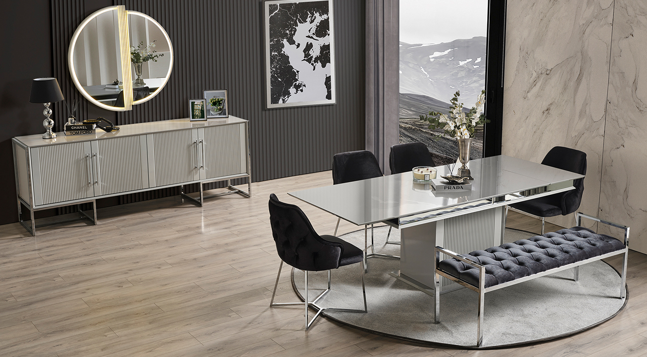 Pırlanta Gümüş Metal Ayaklı Yemek Odası Takımı Yemek Odası