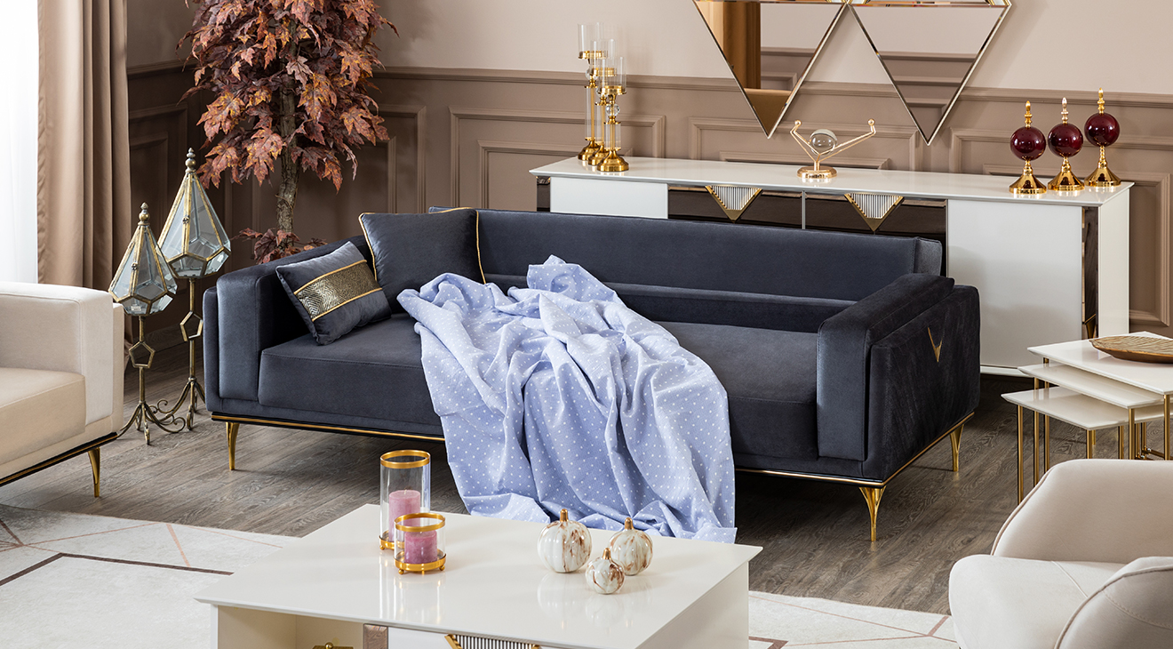 Kontes Gold Metal Ayaklı Yataklı Koltuk Takımı Yataklı Koltuk Takımları