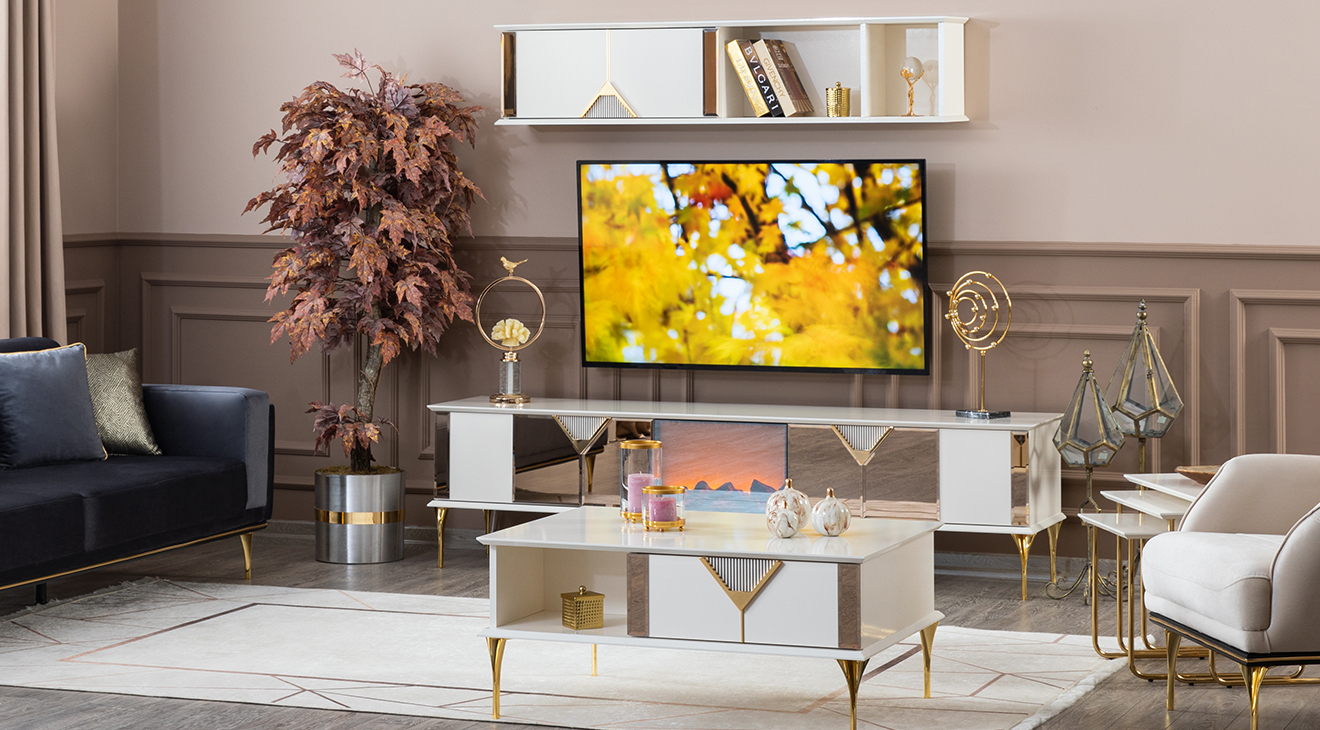 Kontes Şömineli Gold Metal Ayaklı Tv Ünitesi TV Ünitesi