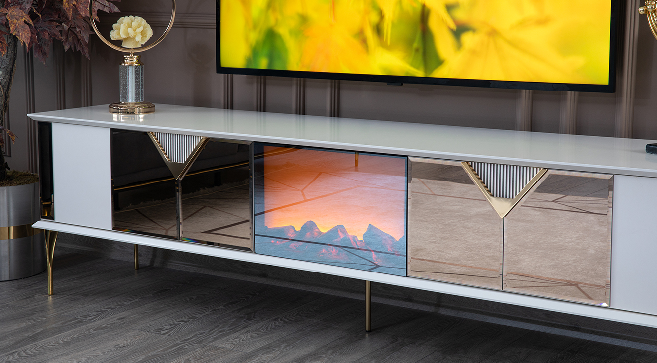 Kontes Şömineli Gold Metal Ayaklı Tv Ünitesi TV Ünitesi
