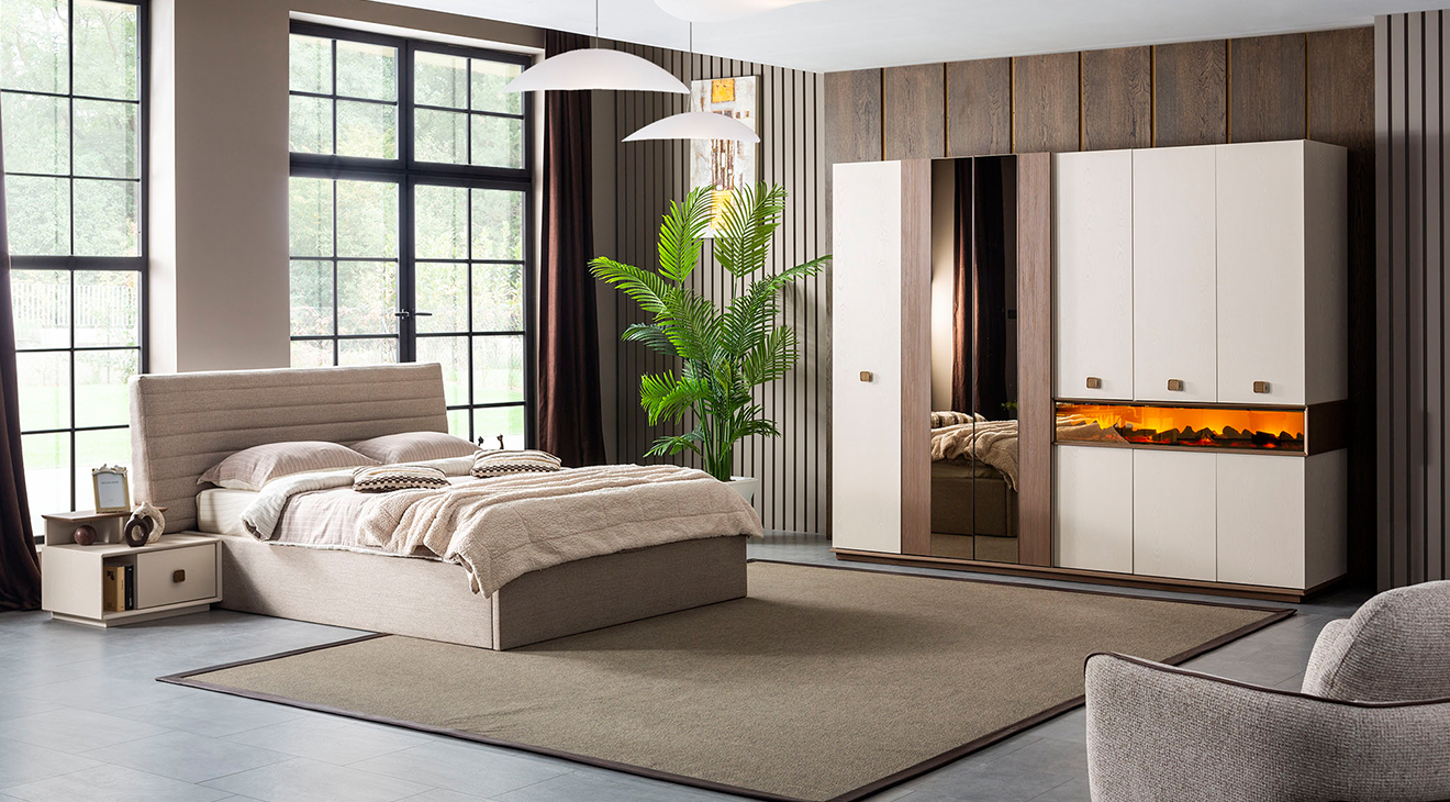 Orjin Şömineli Modern Yatak Odası Takımı Yatak Odası