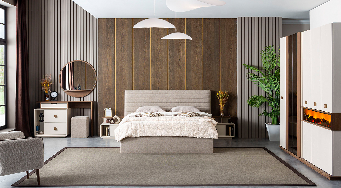 Orjin Şömineli Modern Yatak Odası Takımı Yatak Odası