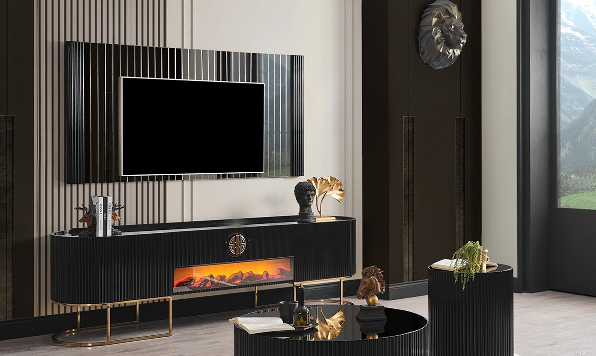 Gucci Şömineli Gold Metal Ayaklı Tv Ünitesi TV Ünitesi