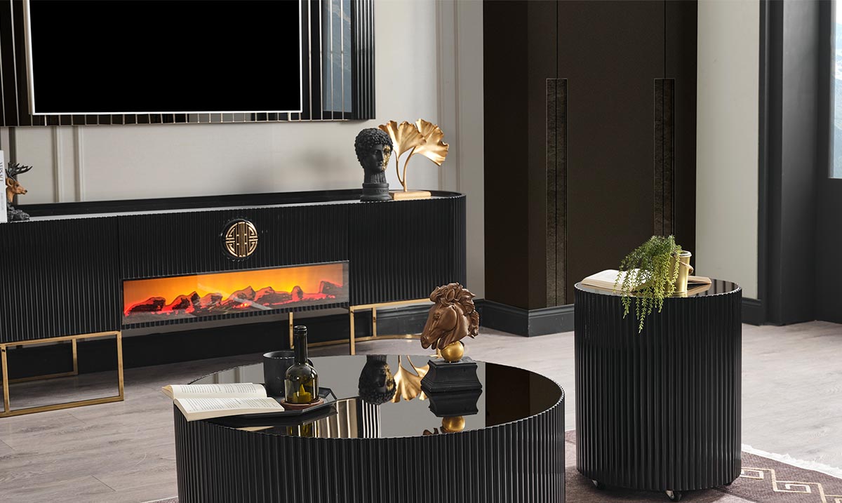 Gucci Şömineli Gold Metal Ayaklı Tv Ünitesi TV Ünitesi