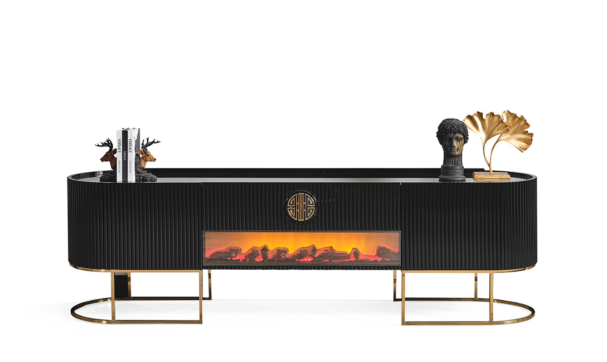 Gucci Şömineli Gold Metal Ayaklı Tv Ünitesi TV Ünitesi