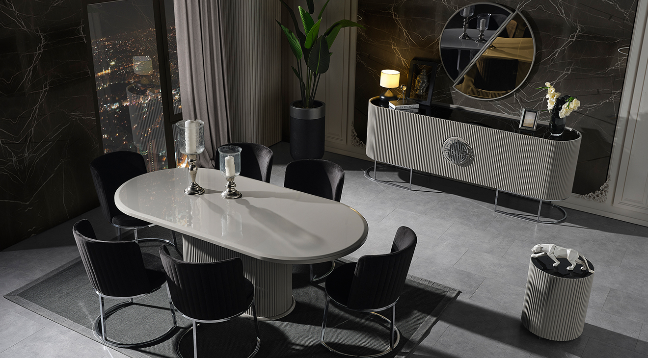 Gucci Duman Grisi Metal Ayaklı Yemek Odası Takımı 2 Yemek Odası