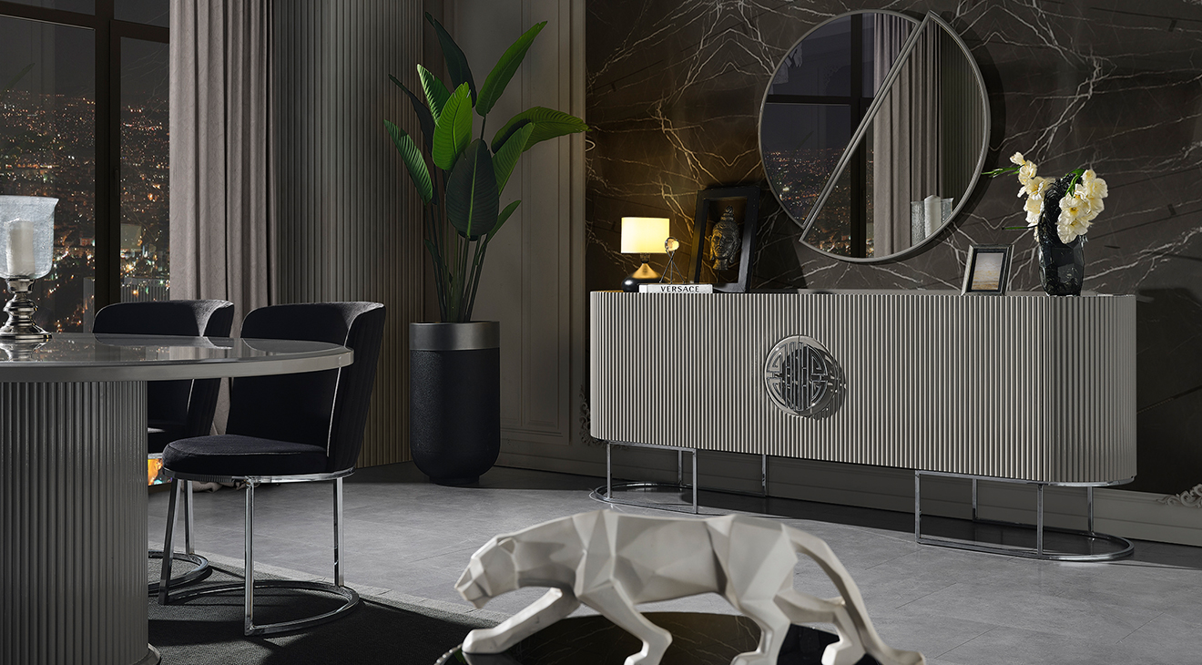 Gucci Duman Grisi Metal Ayaklı Yemek Odası Takımı 2 Yemek Odası