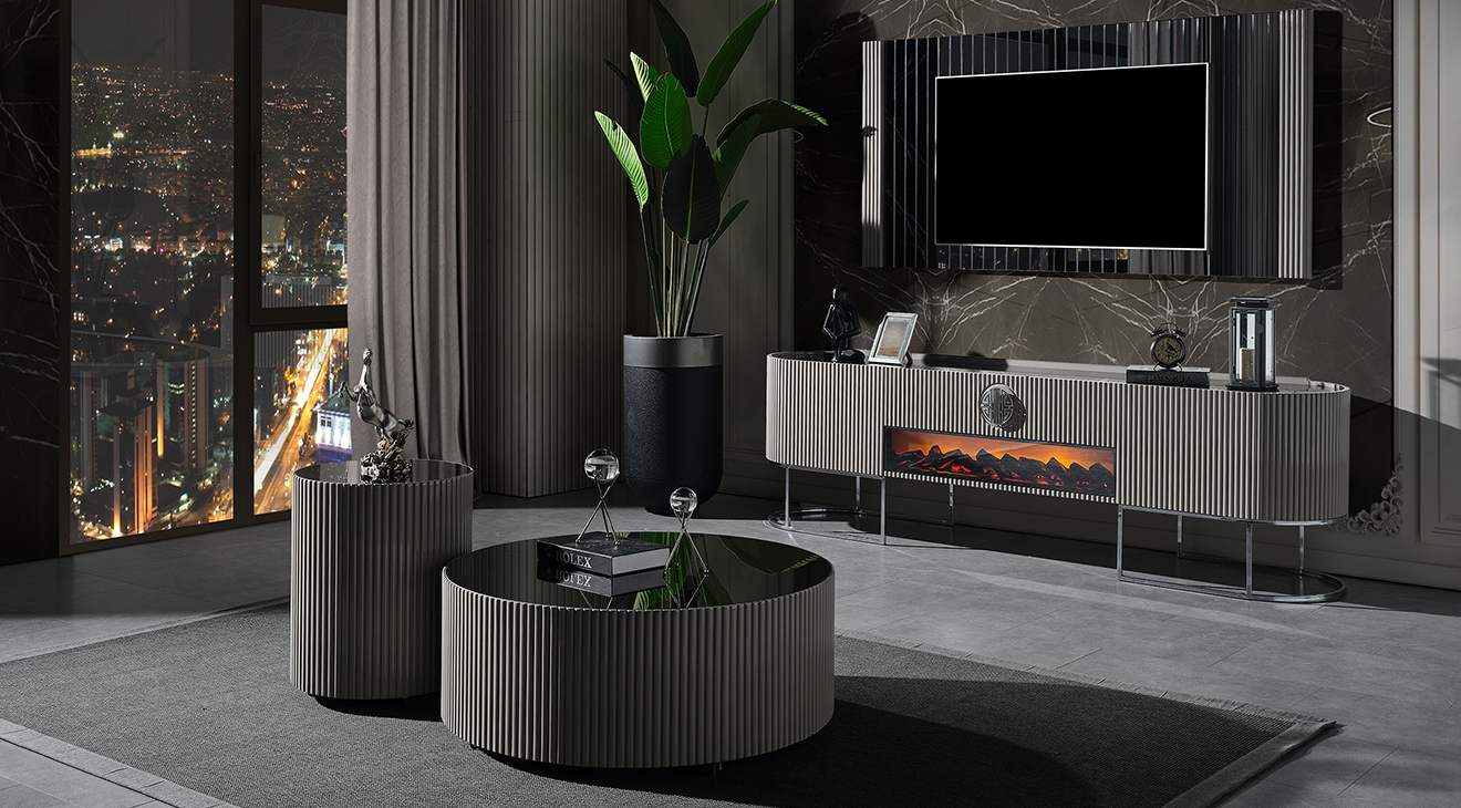 Gucci Duman Grisi Şömineli Tv Ünitesi TV Ünitesi