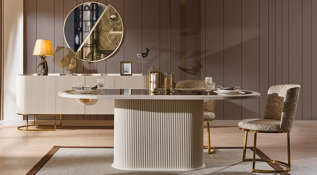 Gucci Ekru Gold Metal Ayaklı Yemek Odası Takımı Yemek Odası