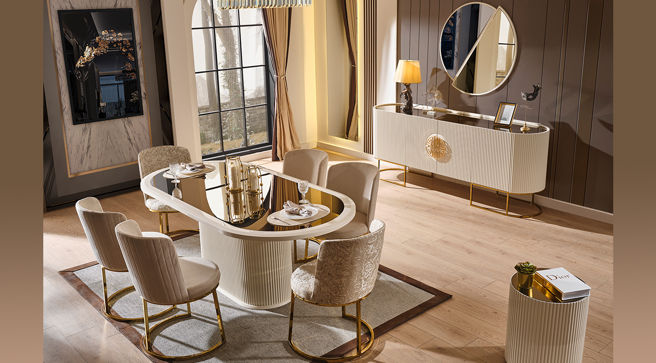 Gucci Ekru Gold Metal Ayaklı Yemek Odası Takımı Yemek Odası