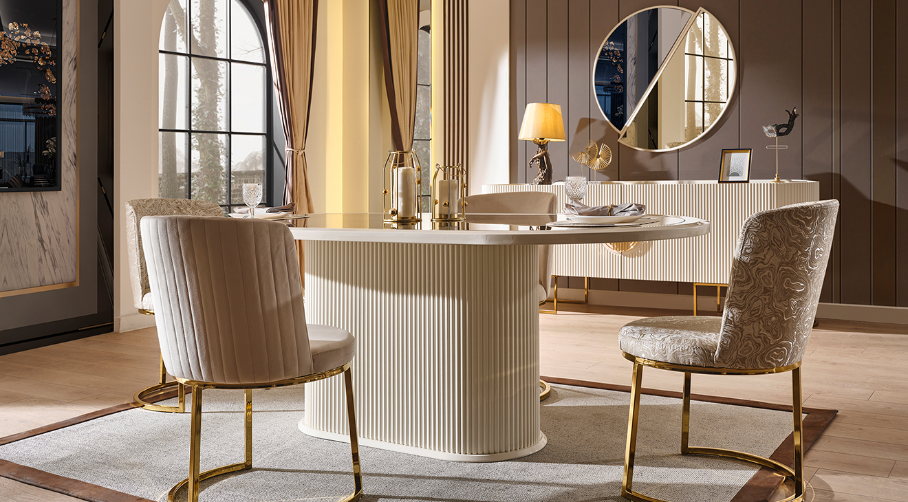 Gucci Ekru Gold Metal Ayaklı Yemek Odası Takımı Yemek Odası