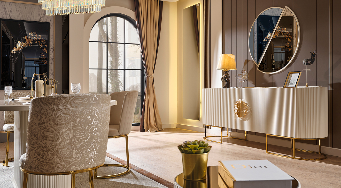 Gucci Ekru Gold Metal Ayaklı Yemek Odası Takımı Yemek Odası