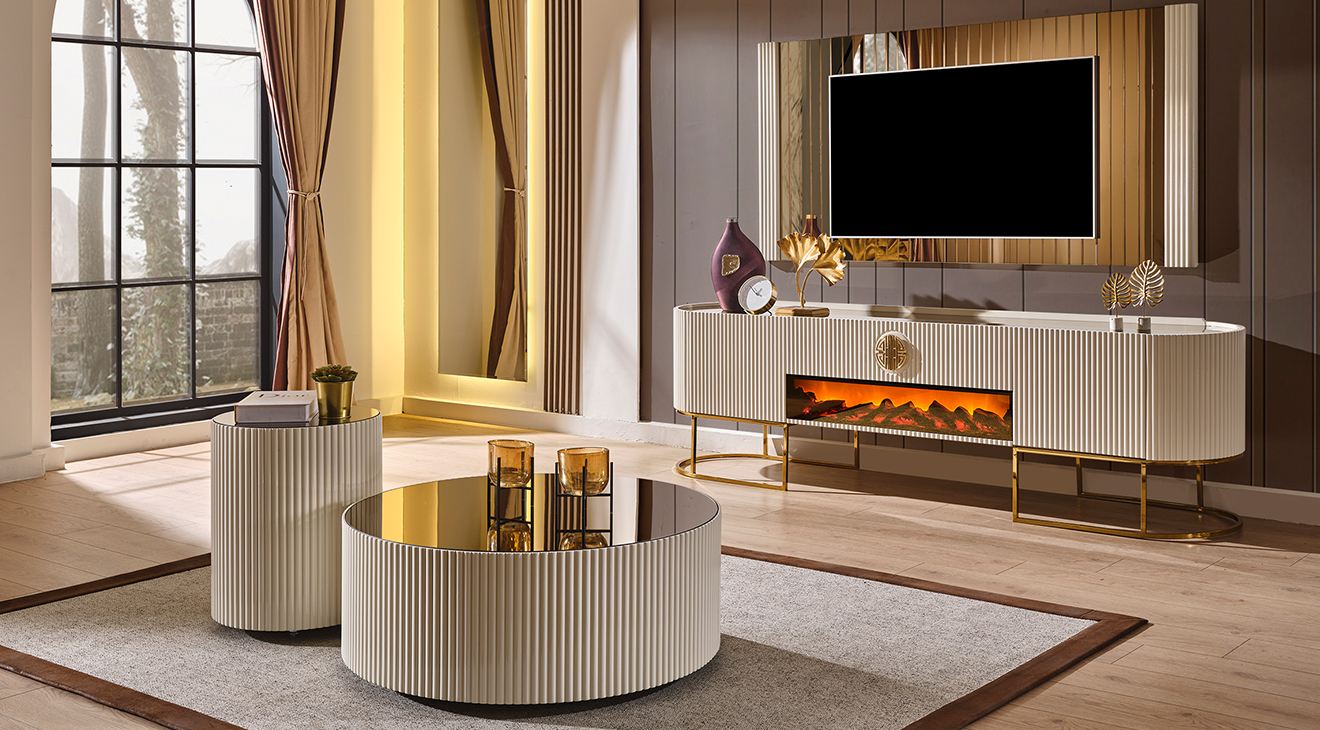 Gucci Ekru Gold Şömineli Tv Ünitesi TV Ünitesi