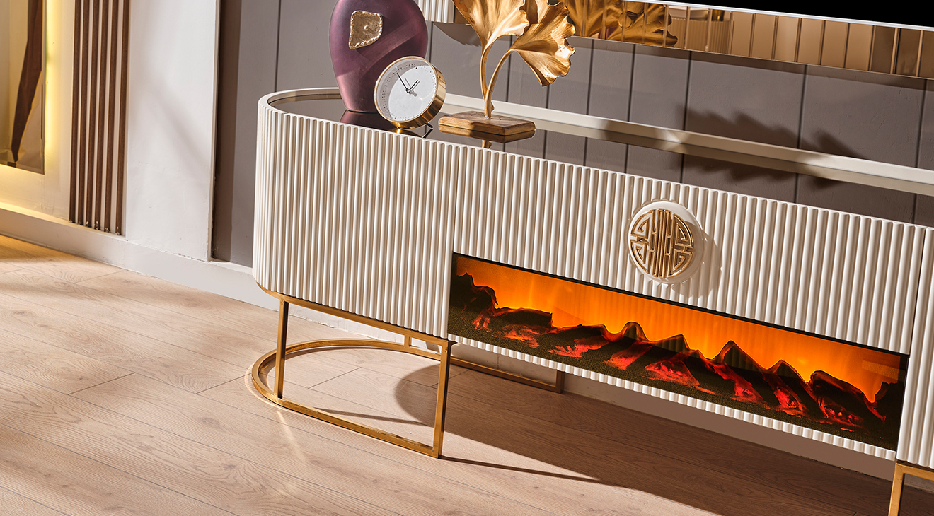 Gucci Ekru Gold Şömineli Tv Ünitesi TV Ünitesi