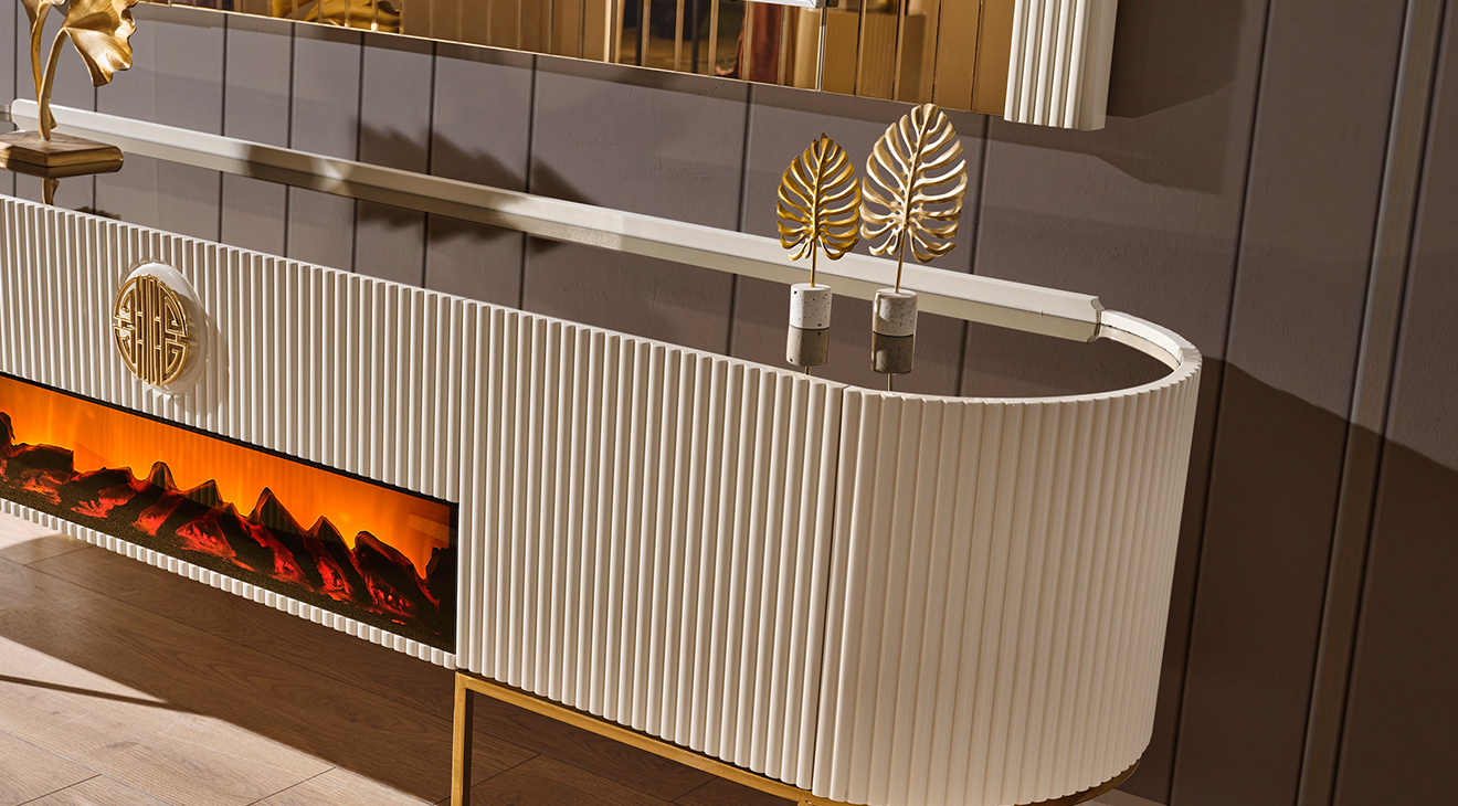 Gucci Ekru Gold Şömineli Tv Ünitesi TV Ünitesi