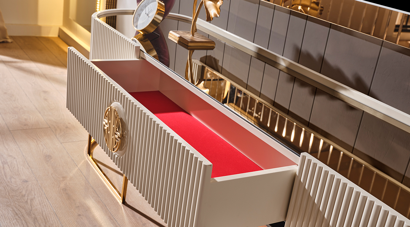 Gucci Ekru Gold Şömineli Tv Ünitesi TV Ünitesi