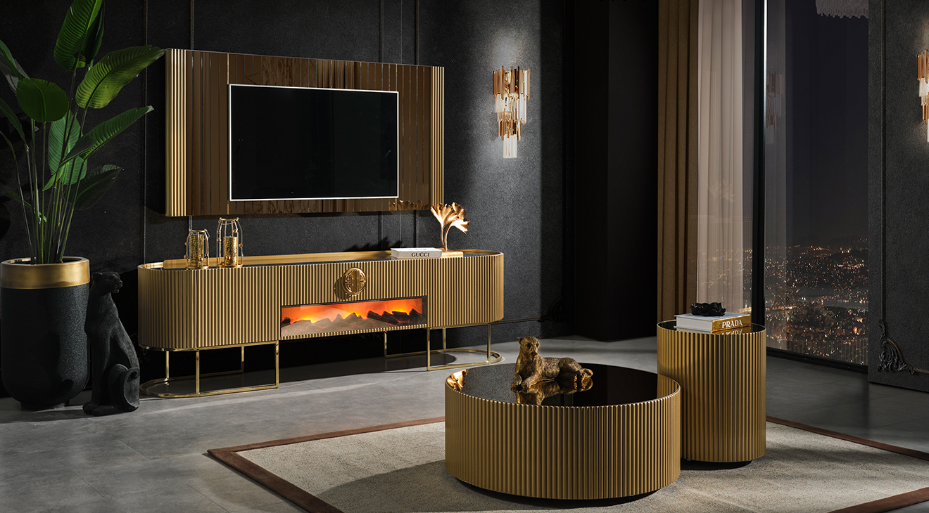 Gucci Golden Şömineli Tv Ünitesi TV Ünitesi