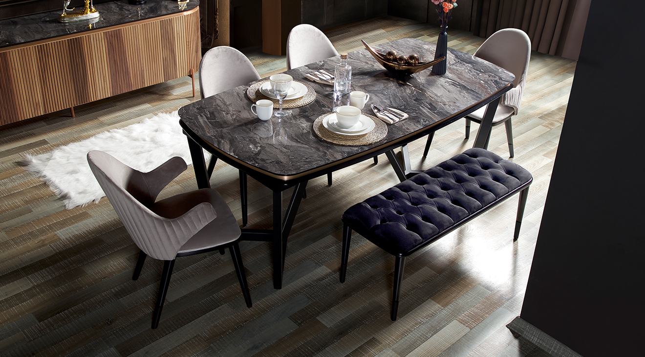 Tesla Metal Ayaklı Ceviz Yemek Odası Takımı Yemek Odası