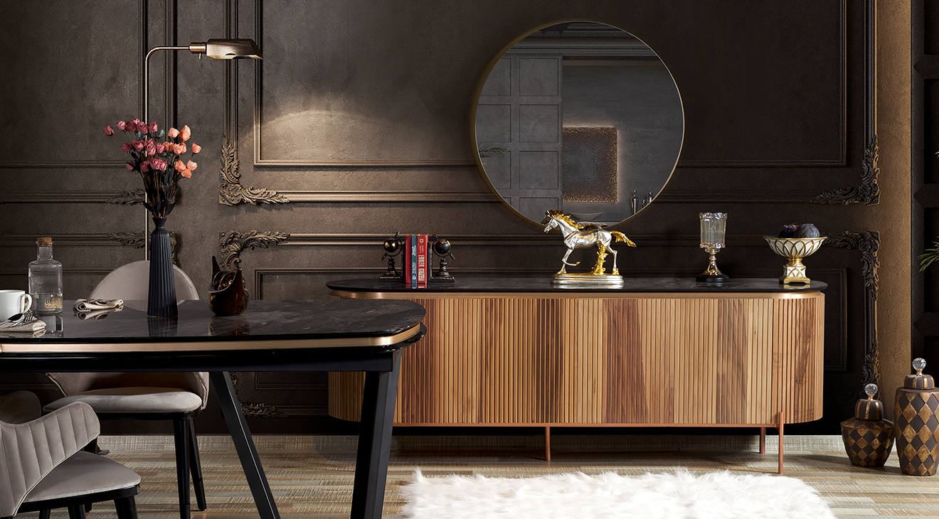 Tesla Metal Ayaklı Ceviz Yemek Odası Takımı Yemek Odası