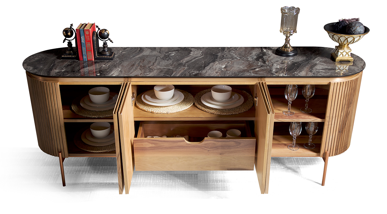 Tesla Metal Ayaklı Ceviz Yemek Odası Takımı Yemek Odası