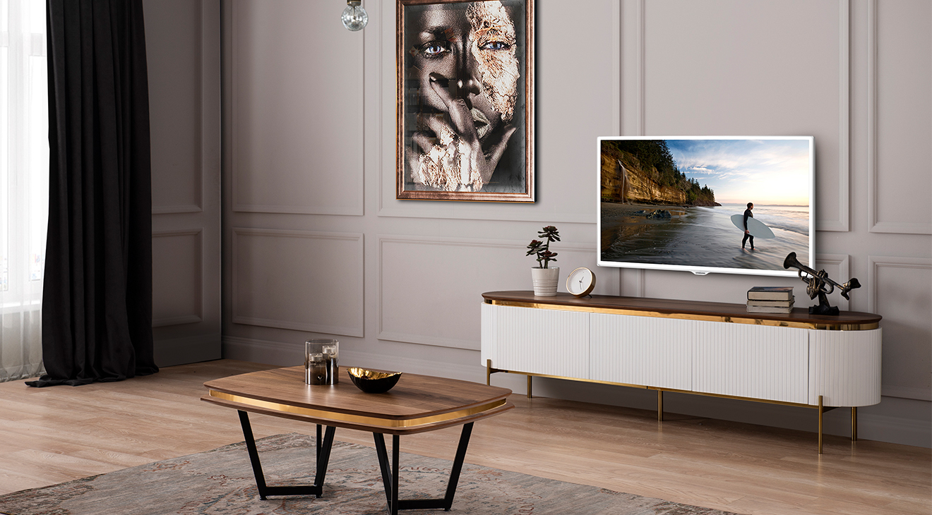 Tesla Metal Ayaklı Beyaz Tv Ünitesi TV Ünitesi