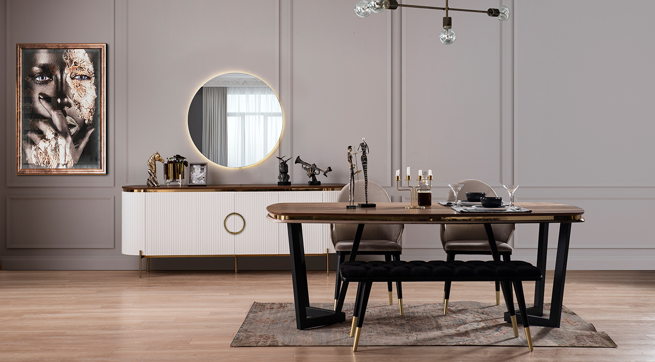 Tesla Metal Ayaklı Beyaz Yemek Odası Takımı (Gold) Yemek Odası