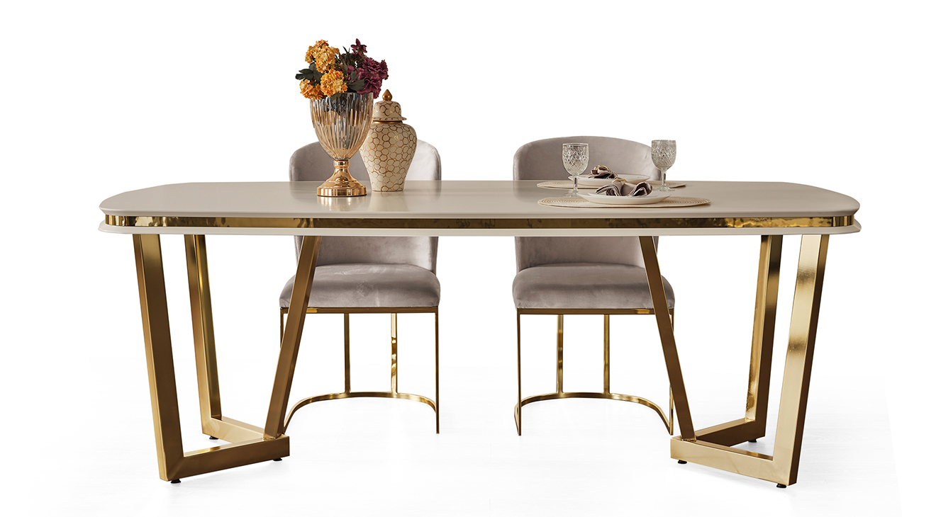 Tesla Yemek Odası Takımı Luxury Gold Metal Ayaklı Luxury Yemek Odası