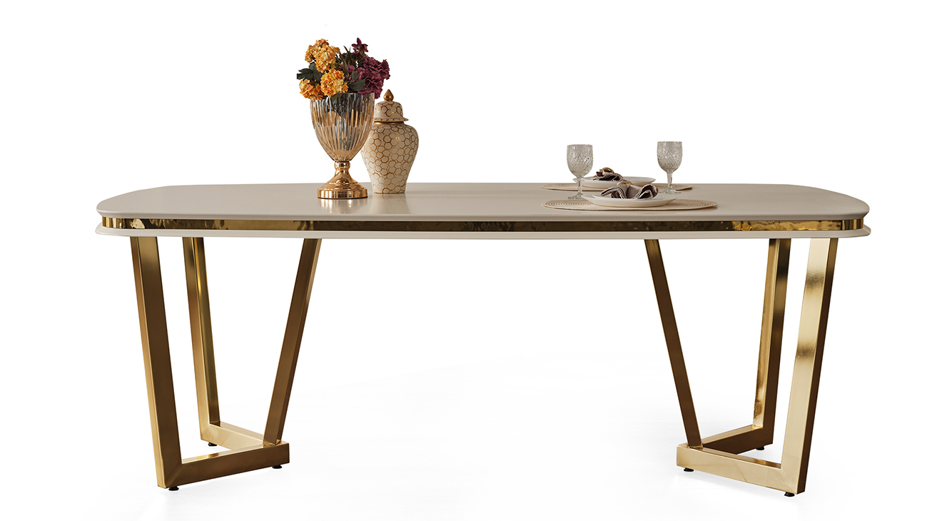 Tesla Yemek Odası Takımı Luxury Gold Metal Ayaklı Luxury Yemek Odası