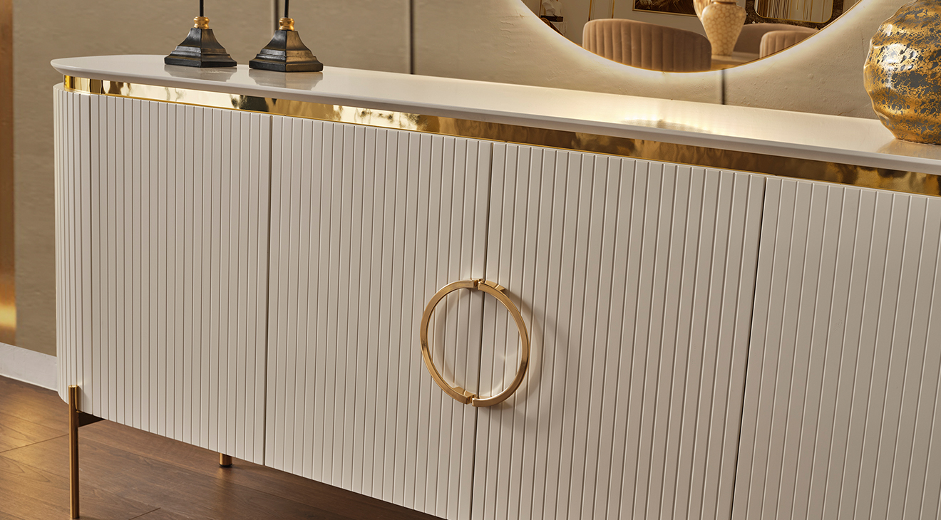 Tesla Yemek Odası Takımı Luxury Gold Metal Ayaklı Luxury Yemek Odası