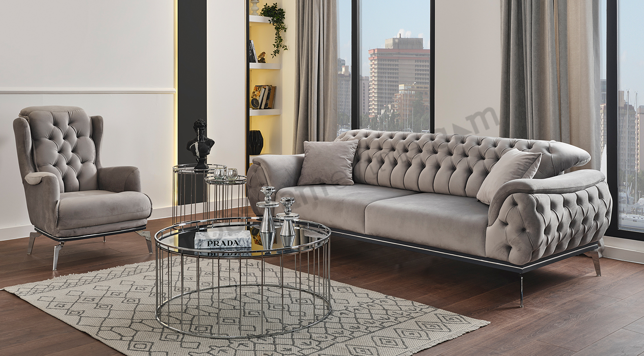 Swiss Yataklı Gümüş Metal Ayaklı Chester Koltuk Takımı Yataklı Koltuk Takımları