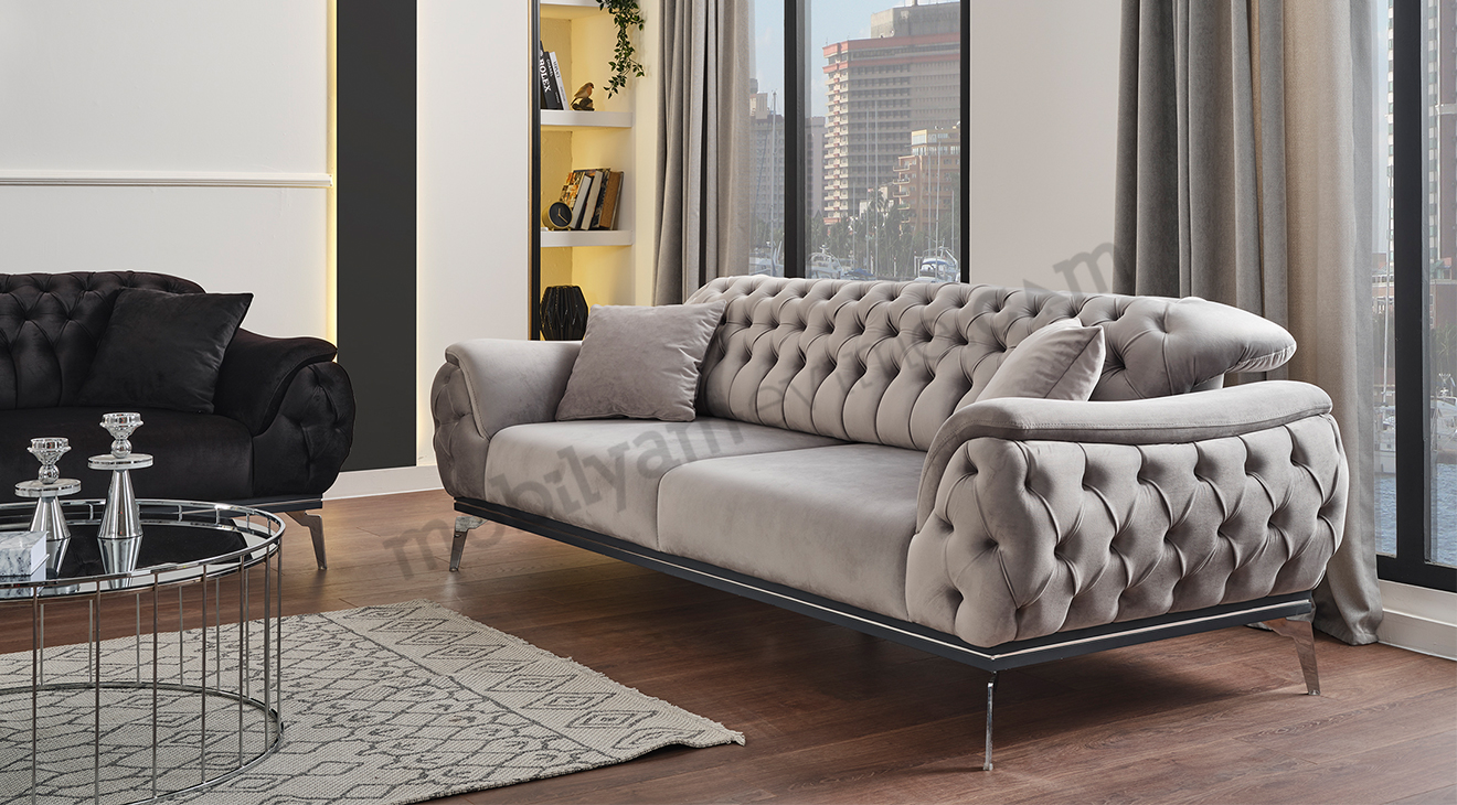 Swiss Yataklı Gümüş Metal Ayaklı Chester Koltuk Takımı Yataklı Koltuk Takımları