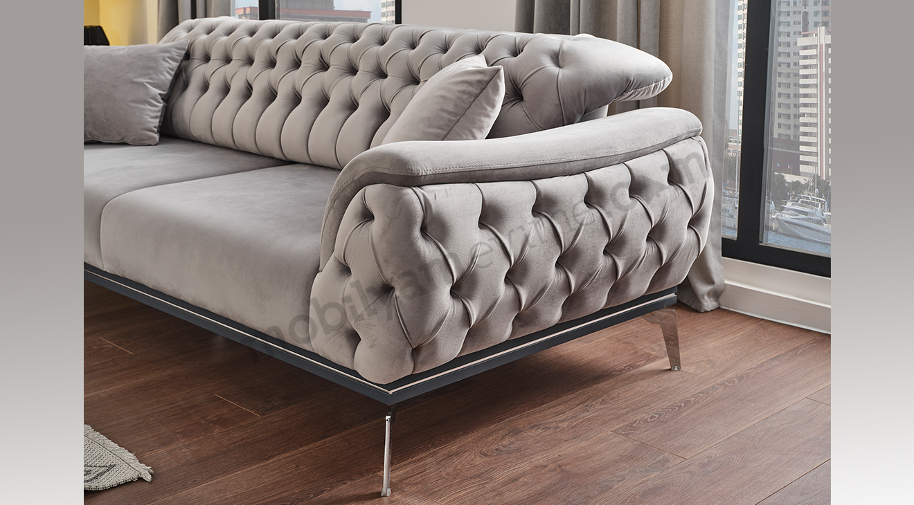 Swiss Yataklı Gümüş Metal Ayaklı Chester Koltuk Takımı Yataklı Koltuk Takımları