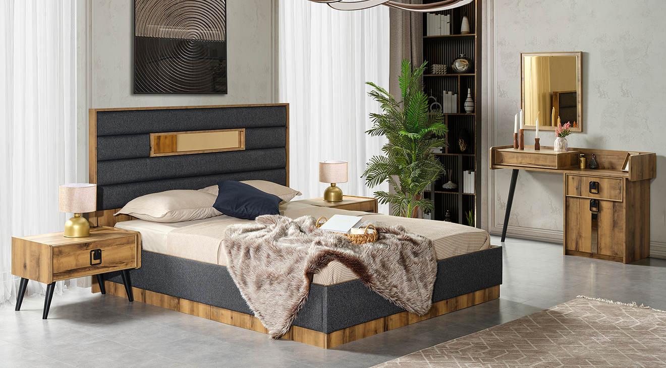 Mira Ceviz Köşe Dolaplı Yatak Odası Takımı Köşe Dolap