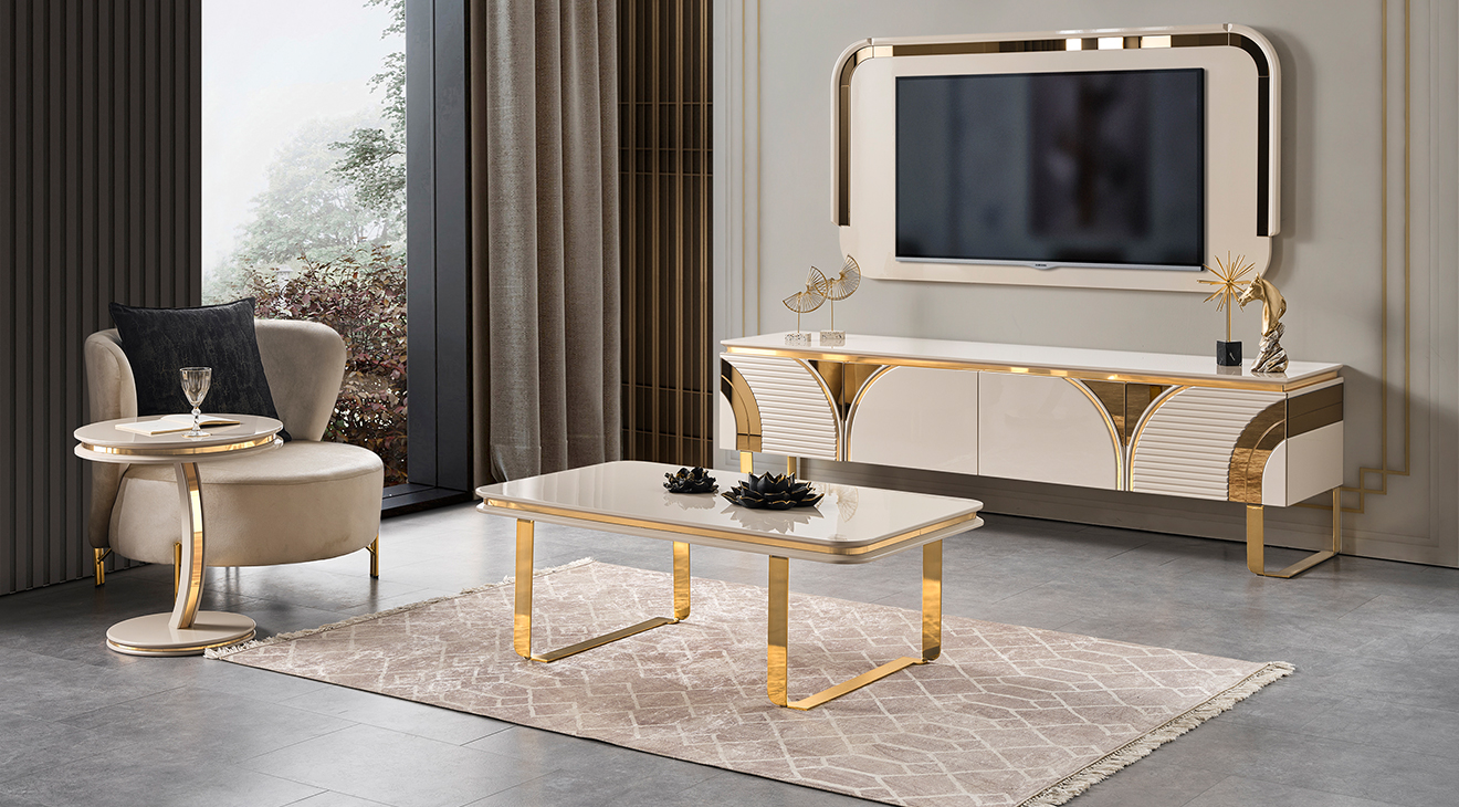 İmaj Panolu Gold Metal Ayaklı Tv Ünitesi TV Ünitesi