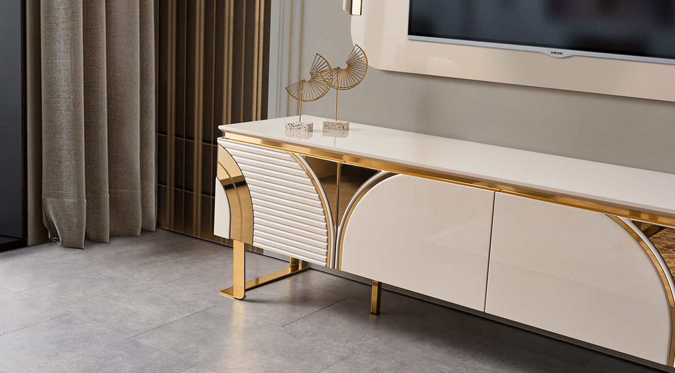 İmaj Panolu Gold Metal Ayaklı Tv Ünitesi TV Ünitesi