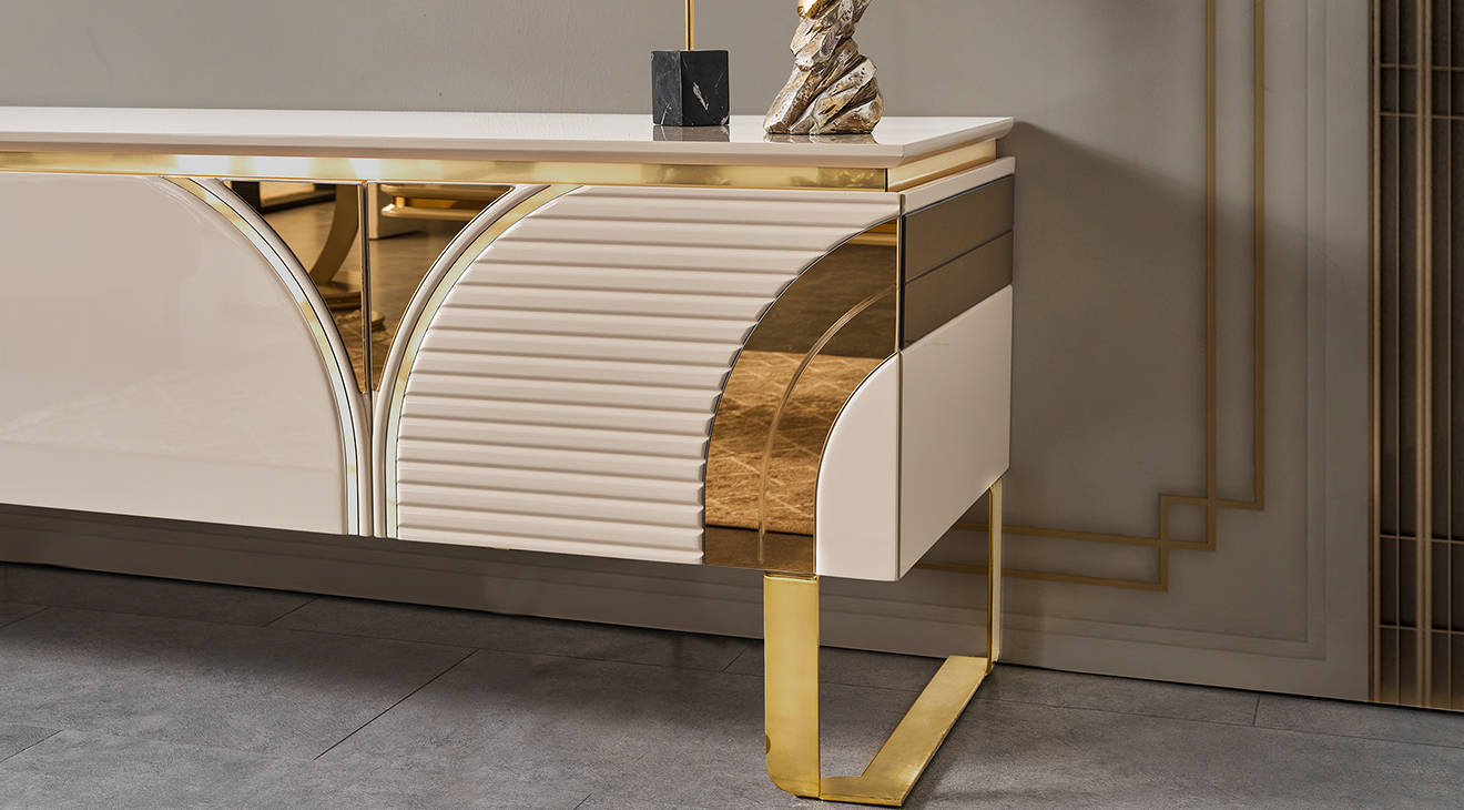 İmaj Panolu Gold Metal Ayaklı Tv Ünitesi TV Ünitesi