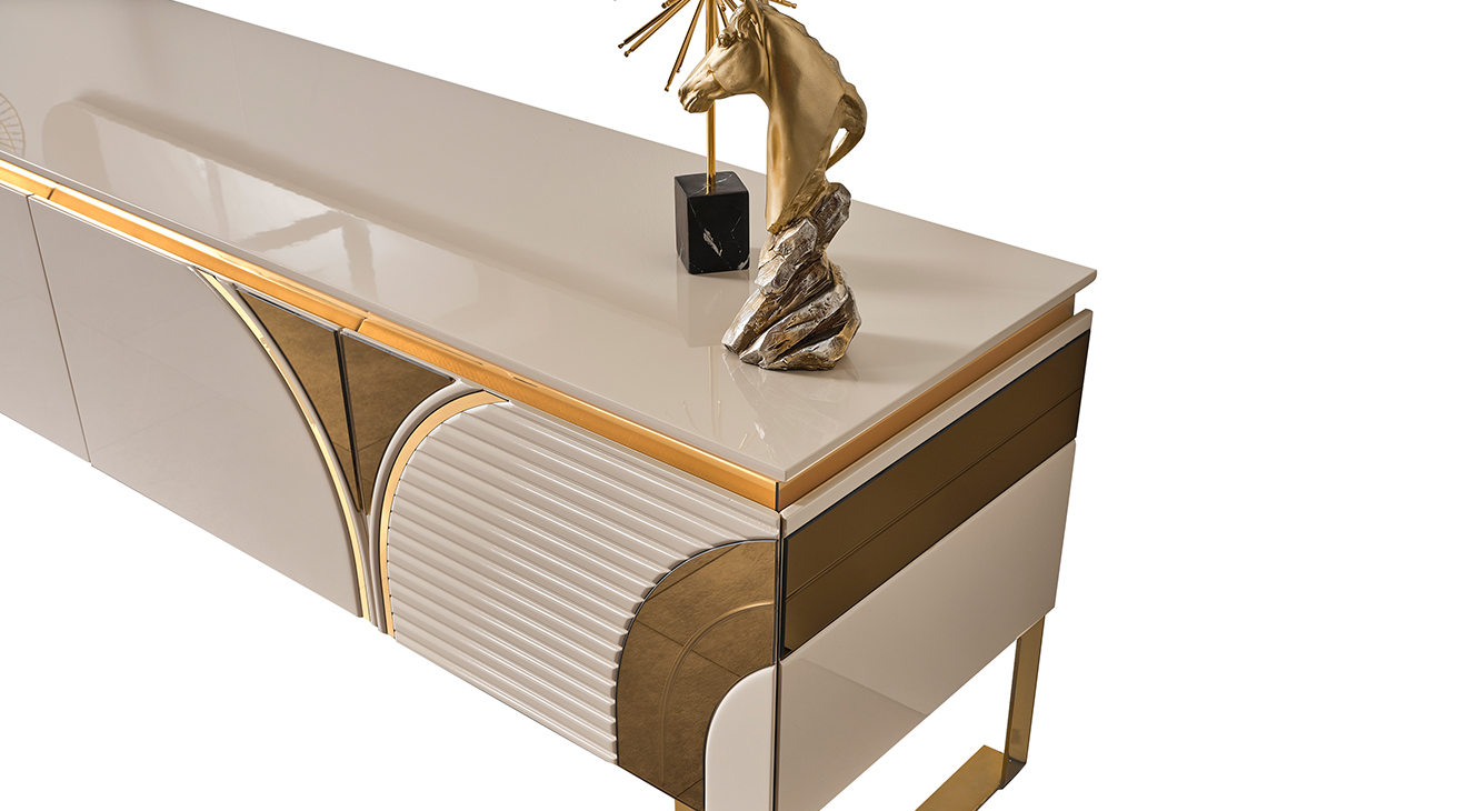 İmaj Panolu Gold Metal Ayaklı Tv Ünitesi TV Ünitesi