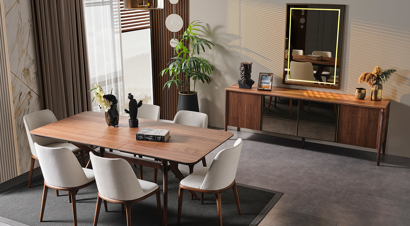 Antik Aynalı Ahşap Ayaklı Yemek Odası Takımı Yemek Odası