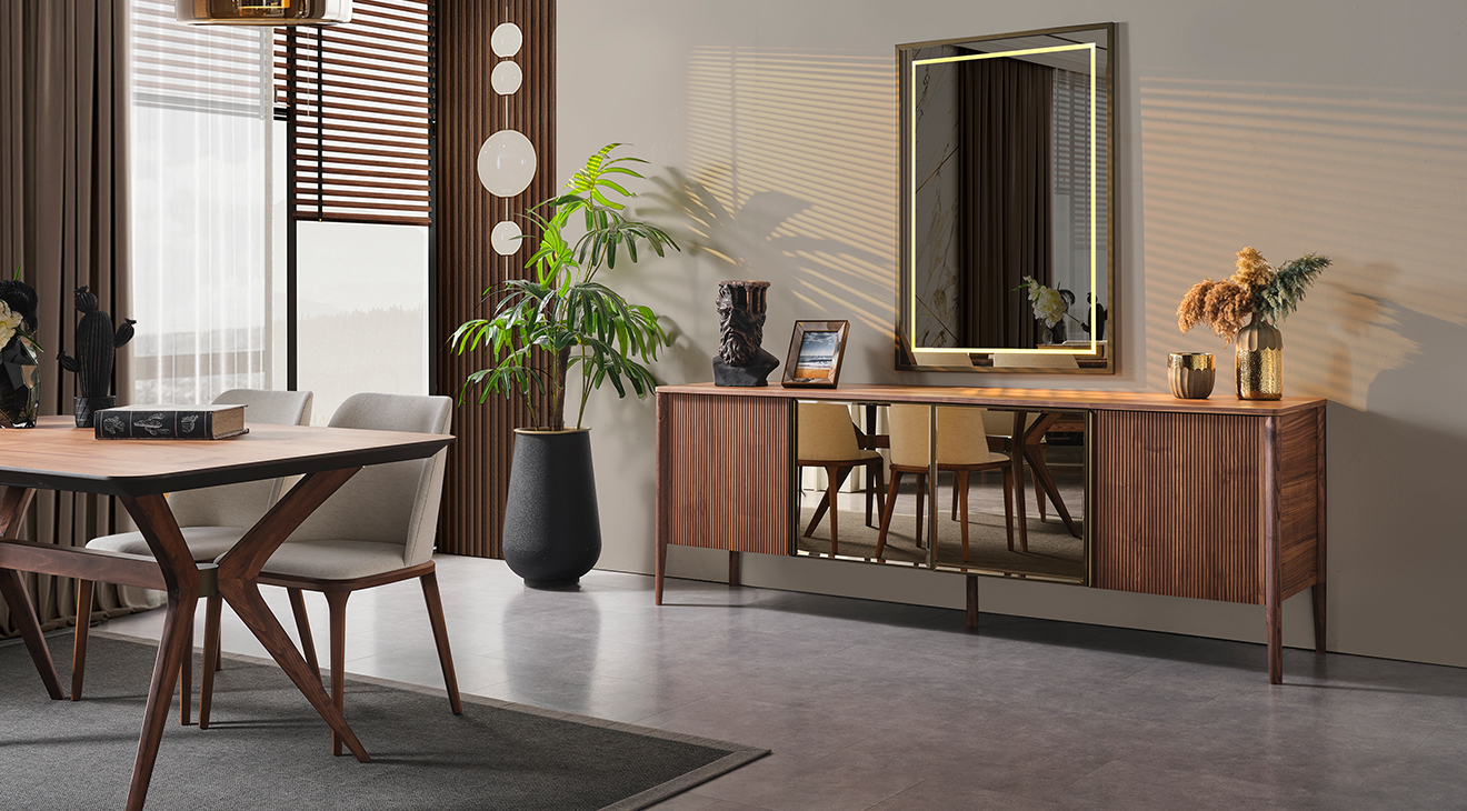 Antik Aynalı Ahşap Ayaklı Yemek Odası Takımı Yemek Odası