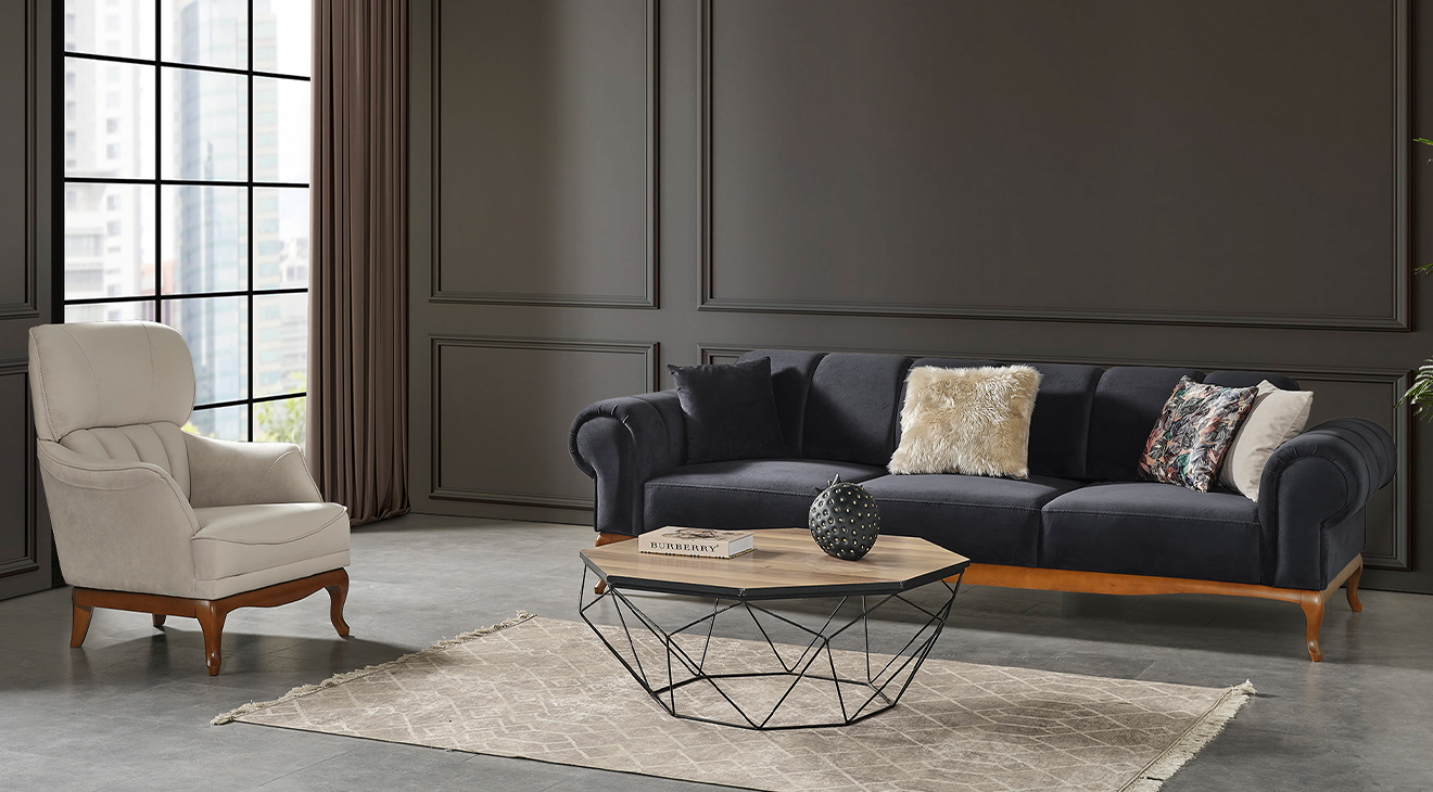 Violet Ahşap Ayaklı Yataklı Koltuk Takımı