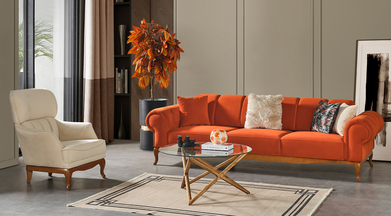 Violet Turuncu Ahşap Ayaklı Yataklı Koltuk Takımı Yataklı Koltuk Takımları