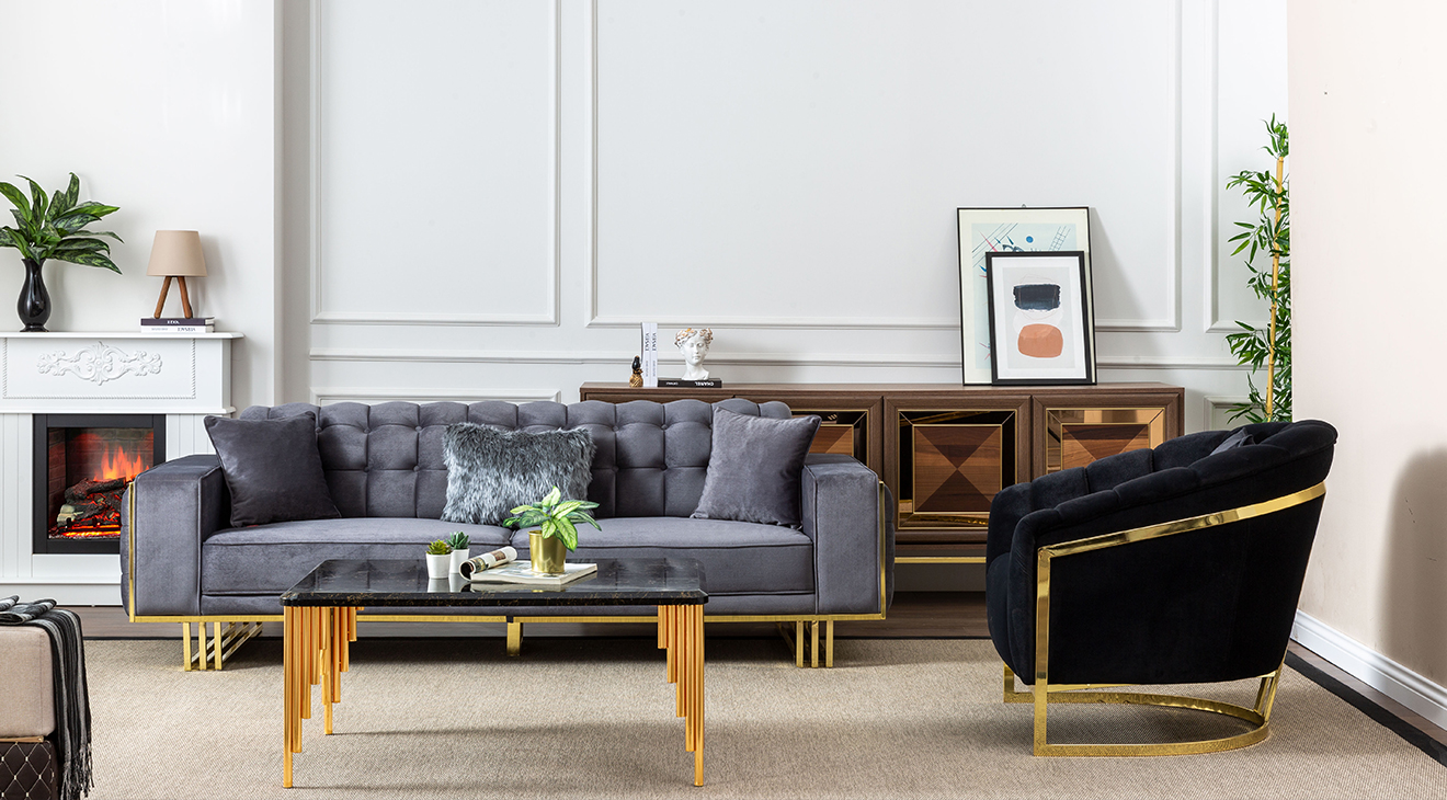 İspanya Gold Metal Ayaklı Kanepeli Köşe Koltuk Takımı Köşe Koltuk